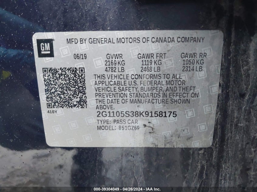 2019 CHEVROLET IMPALA PREMIER - 2G1105S38K9158175