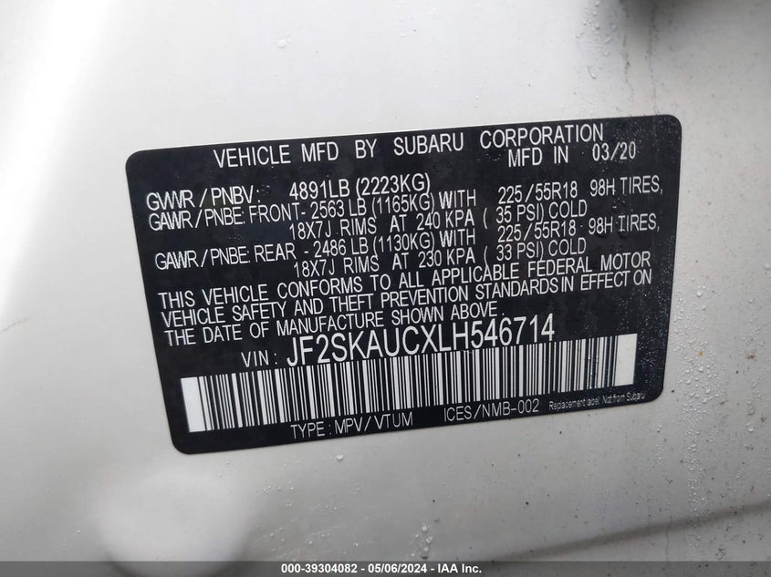 2020 SUBARU FORESTER LIMITED - JF2SKAUCXLH546714