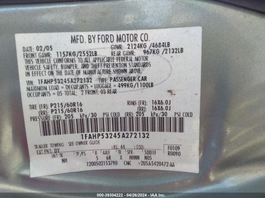 1FAHP53245A272132 | 2005 FORD TAURUS