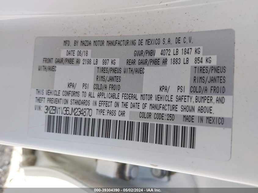 2018 MAZDA MAZDA3 TOURING - 3MZBN1V36JM234870