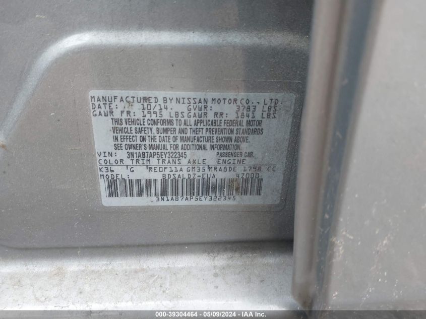 2014 Nissan Sentra Sv VIN: 3N1AB7AP5EY322345 Lot: 39304464