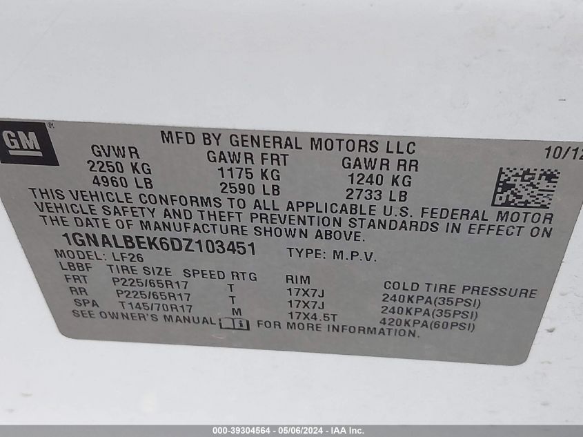 1GNALBEK6DZ103451 2013 Chevrolet Equinox Ls