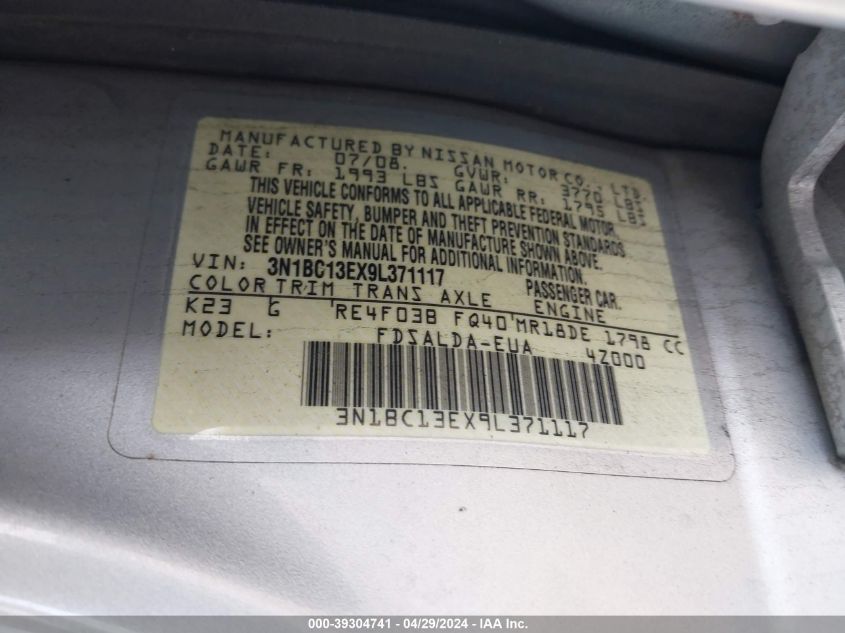 3N1BC13EX9L371117 | 2009 NISSAN VERSA