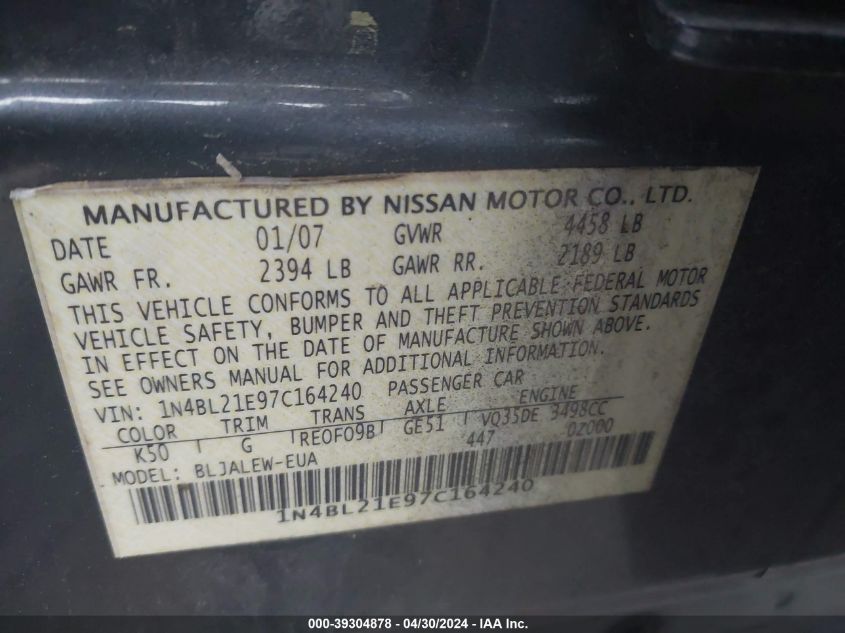 1N4BL21E97C164240 2007 Nissan Altima 3.5 Sl