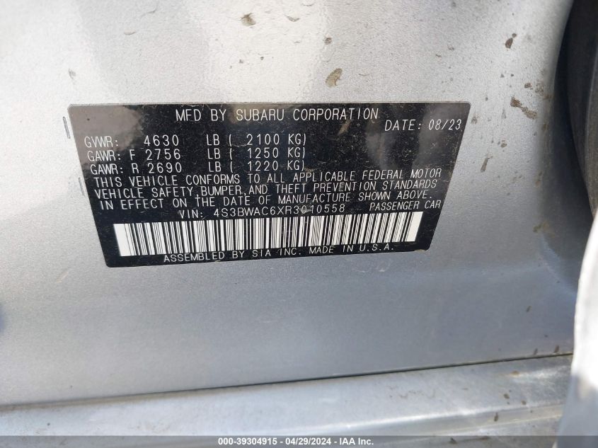 2024 Subaru Legacy Premium VIN: 4S3BWAC6XR3010558 Lot: 39304915