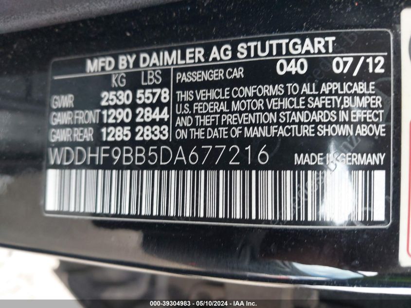 2013 Mercedes-Benz E 550 4Matic VIN: WDDHF9BB5DA677216 Lot: 39304983