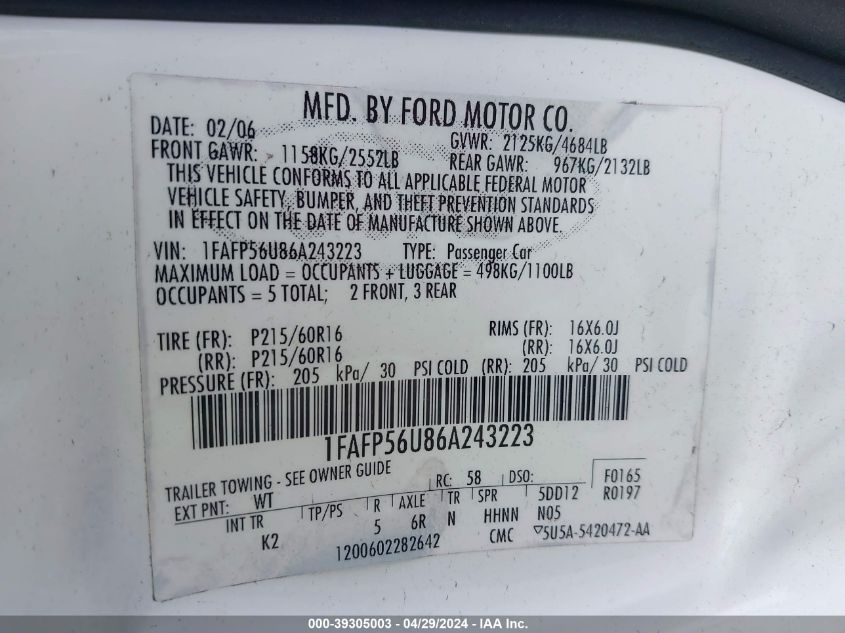 1FAFP56U86A243223 | 2006 FORD TAURUS