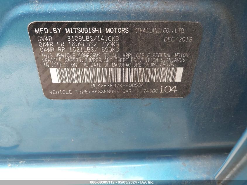 ML32F3FJ7KHF08534 2019 Mitsubishi Mirage G4 Es