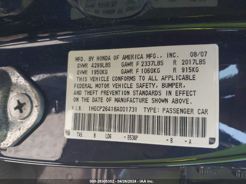 1HGCP26418A001731 | 2008 HONDA ACCORD