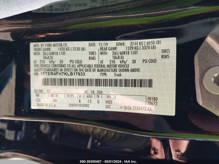 VIN 1FTER4FH7KLB17933 2019 FORD RANGER LARIAT