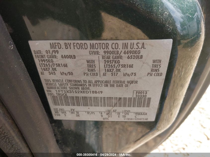 1999 Ford F-350 VIN: 1FTSX31S2XED18849 Lot: 39305416