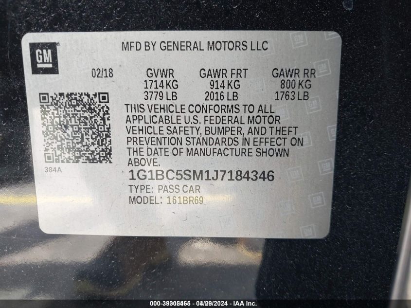 2018 Chevrolet Cruze Ls Auto VIN: 1G1BC5SM1J7184346 Lot: 39305465