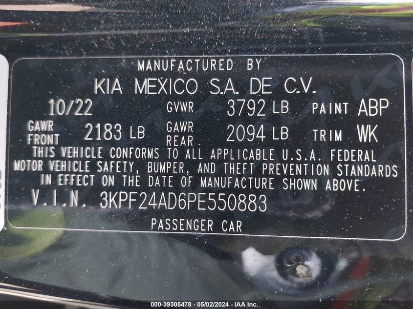 VIN 3KPF24AD6PE550883 2023 KIA FORTE LXS
