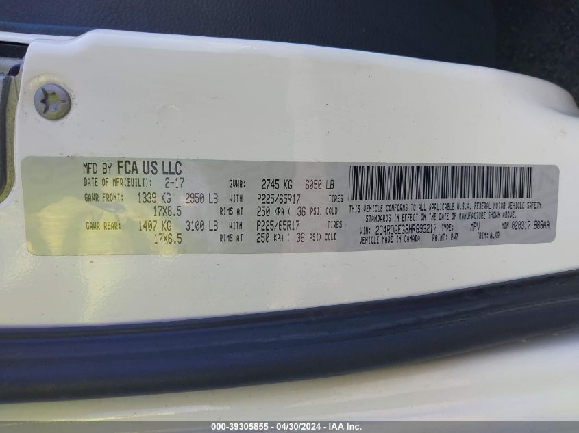 2017 Dodge Grand Caravan Gt VIN: 2C4RDGEG8HR693217 Lot: 39305855