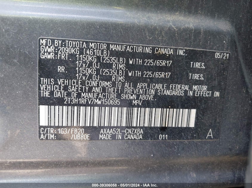 2021 TOYOTA RAV4 LE - 2T3H1RFV7MW150695