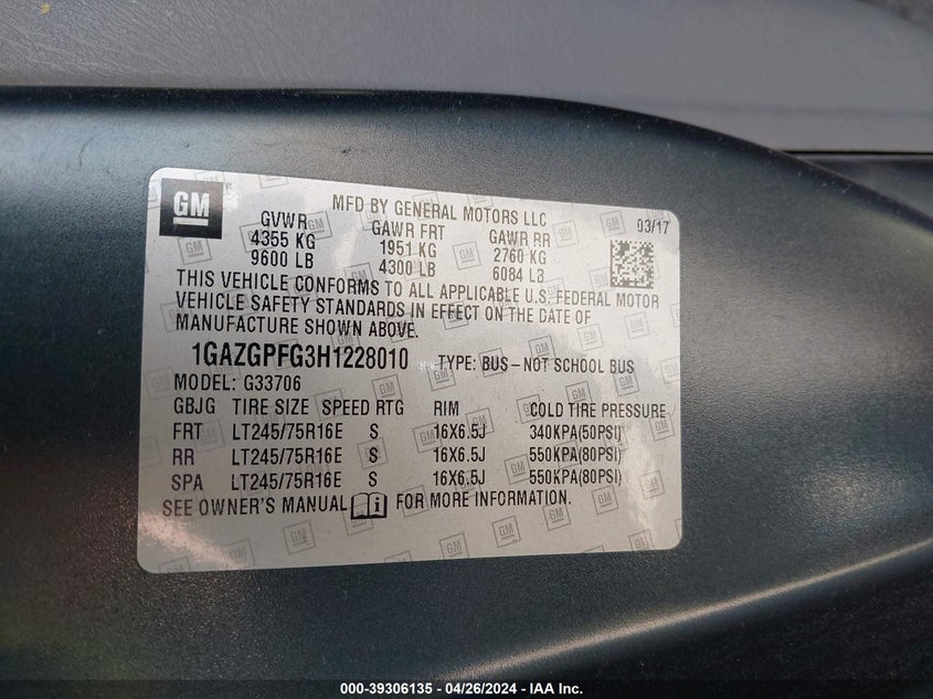 2017 CHEVROLET EXPRESS 3500 LT - 1GAZGPFG3H1228010