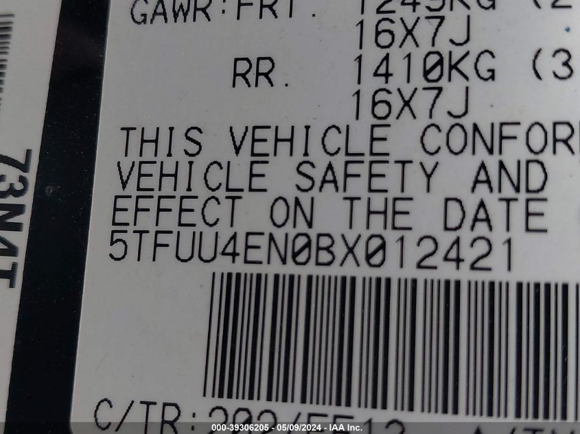 2011 Toyota Tacoma Base V6 VIN: 5TFUU4EN0BX012421 Lot: 39306205