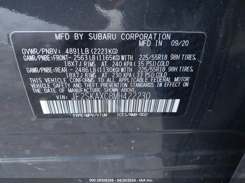 VIN JF2SKAXC8MH422230 2021 SUBARU FORESTER TOURING