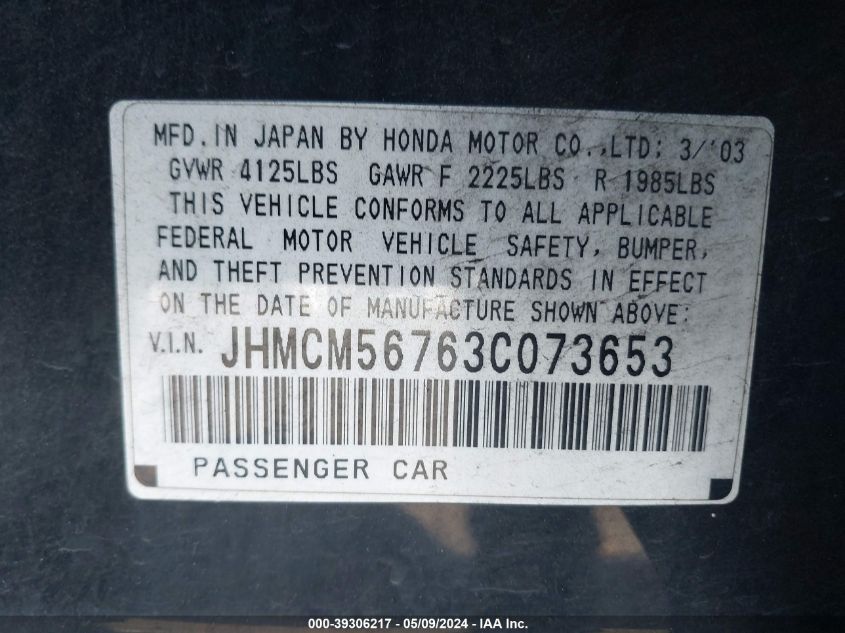 2003 Honda Accord 2.4 Ex VIN: JHMCM56763C073653 Lot: 39306217