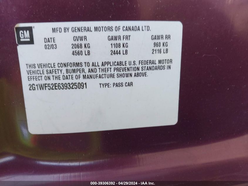 2G1WF52E639325091 | 2003 CHEVROLET IMPALA