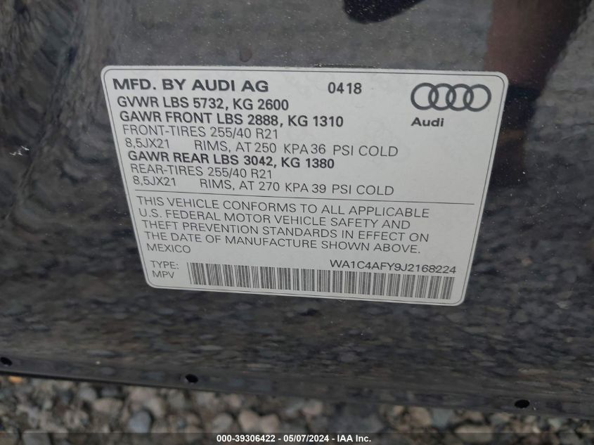 2018 Audi Sq5 3.0T Premium Plus VIN: WA1C4AFY9J2168224 Lot: 39306422