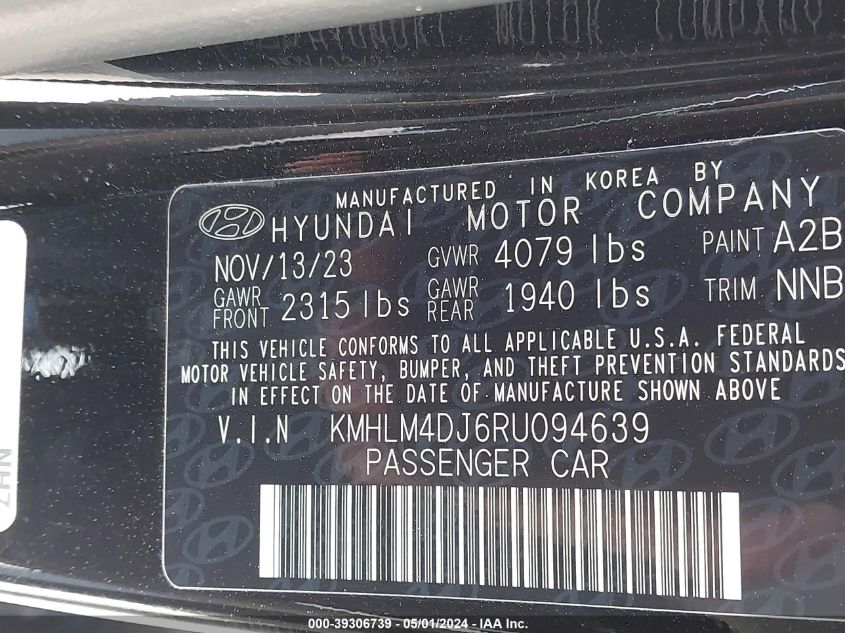 2024 Hyundai Elantra Hybrid Blue VIN: KMHLM4DJ6RU094639 Lot: 39306739