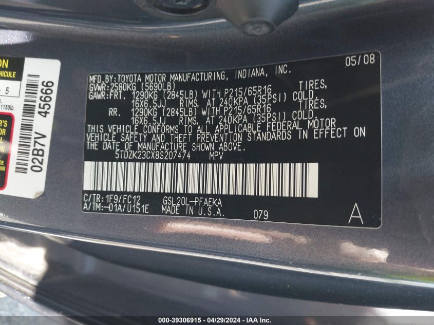 5TDZK23CX8S207474 2008 Toyota Sienna Le