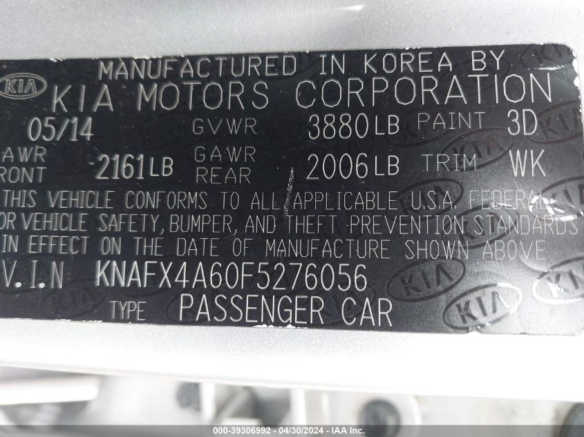 KNAFX4A60F5276056 | 2015 KIA FORTE