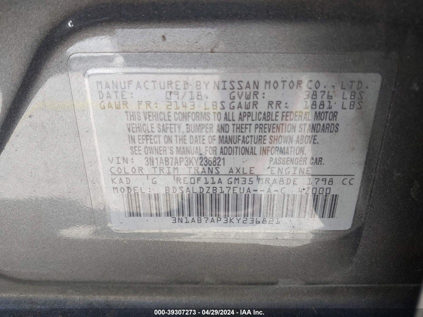 VIN 3N1AB7AP3KY236821 2019 NISSAN SENTRA SV