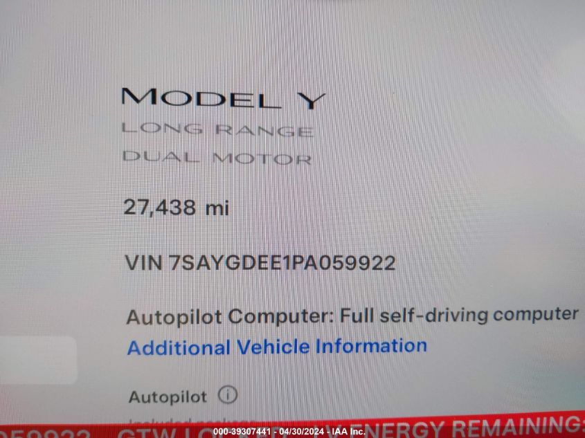 2023 Tesla Model Y VIN: 7SAYGDEE1PA059922 Lot: 40809082