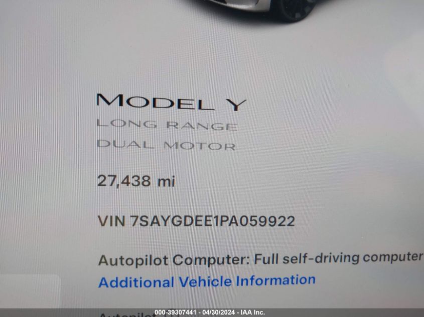 2023 Tesla Model Y VIN: 7SAYGDEE1PA059922 Lot: 40809082