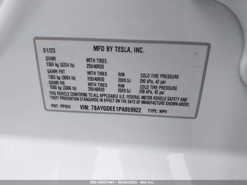 2023 Tesla Model Y VIN: 7SAYGDEE1PA059922 Lot: 40809082