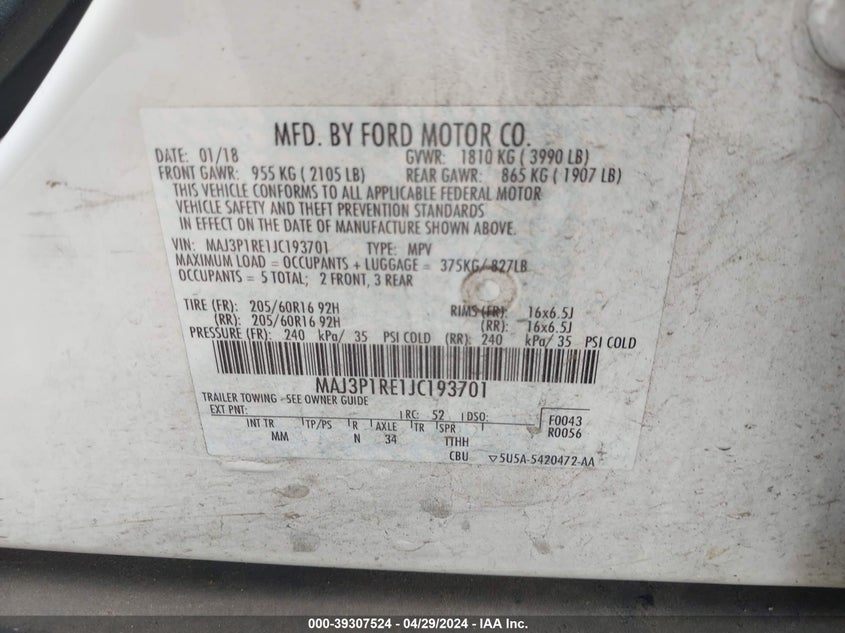VIN MAJ3P1RE1JC193701 2018 FORD ECOSPORT S