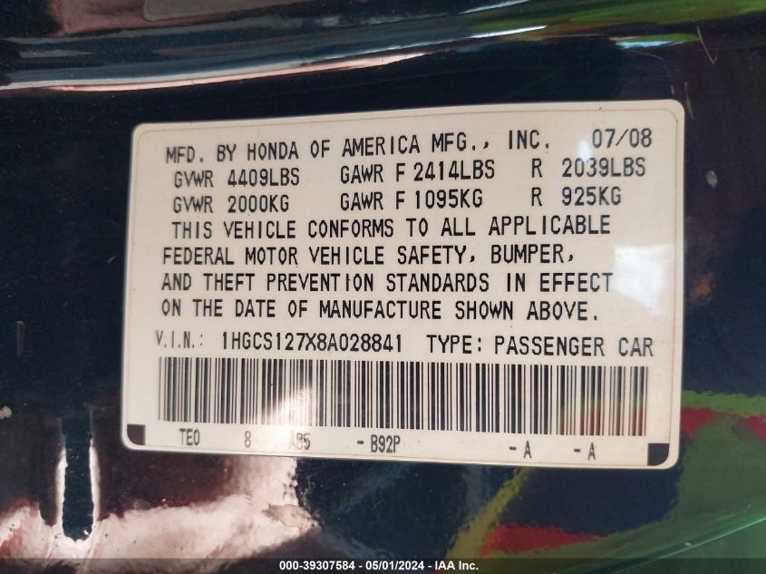 1HGCS127X8A028841 | 2008 HONDA ACCORD