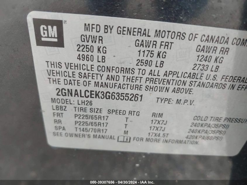 2GNALCEK3G6355261 2016 Chevrolet Equinox Lt