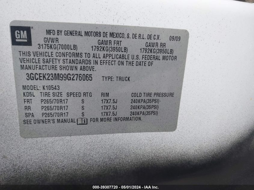 3GCEK23M99G276065 | 2009 CHEVROLET SILVERADO 1500