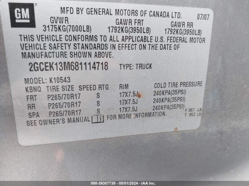 2GCEK13M681114718 | 2008 CHEVROLET SILVERADO 1500