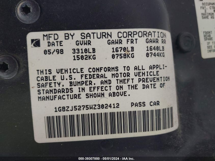 1G8ZJ5275WZ302412 | 1998 SATURN SL2