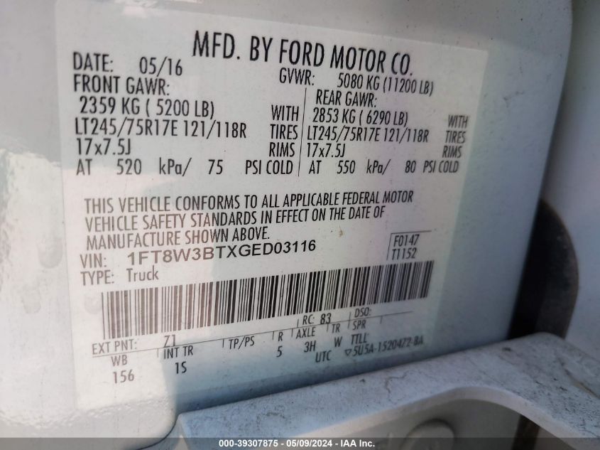 2016 Ford F-350 Xl VIN: 1FT8W3BTXGED03116 Lot: 39307875