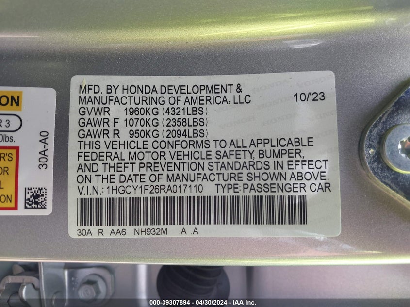 VIN 1HGCY1F26RA017110 2024 HONDA ACCORD LX