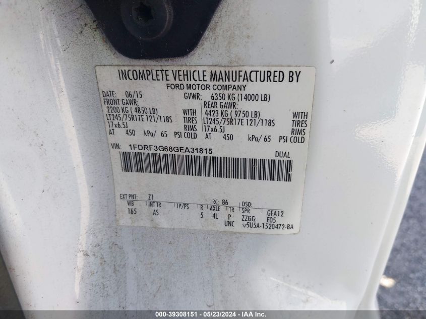 2016 Ford F-350 Chassis Xl VIN: 1FDRF3G68GEA31815 Lot: 39308151