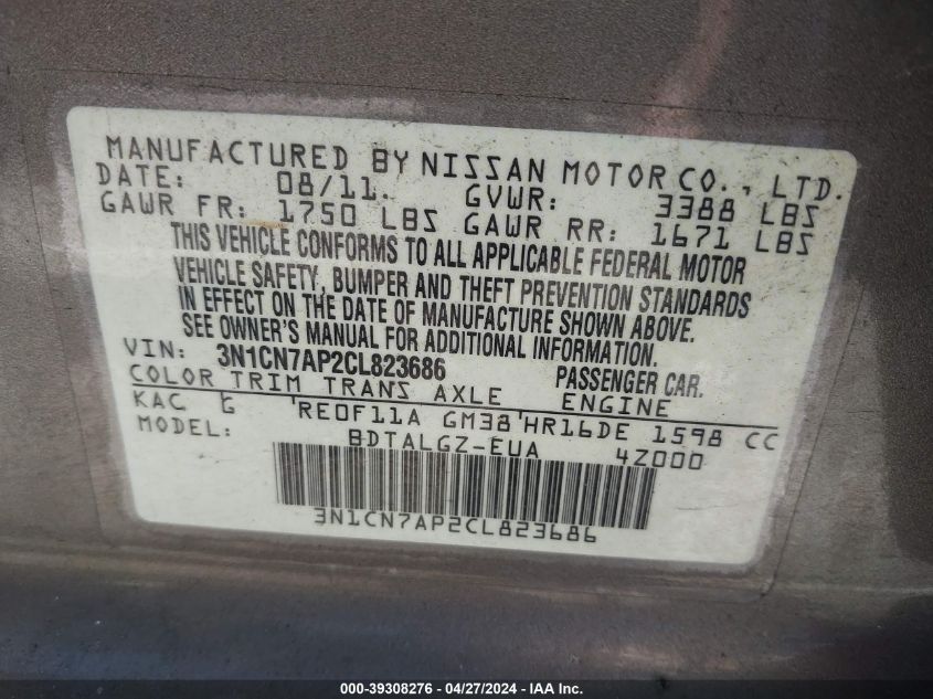 2012 Nissan Versa 1.6 Sl VIN: 3N1CN7AP2CL823686 Lot: 39308276