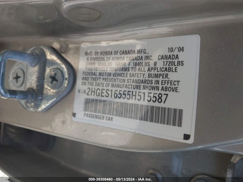 2HGES16555H515587 2005 Honda Civic Lx