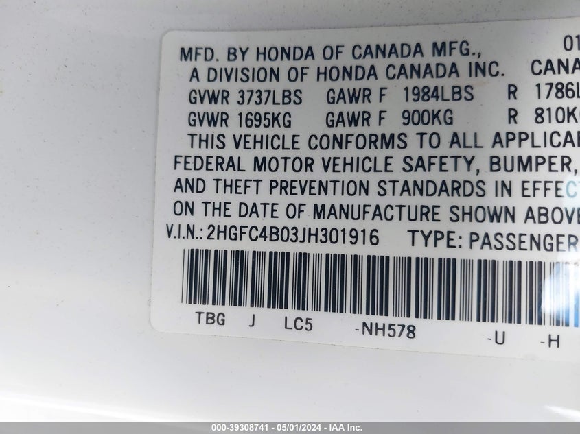 VIN 2HGFC4B03JH301916 2018 HONDA CIVIC LX