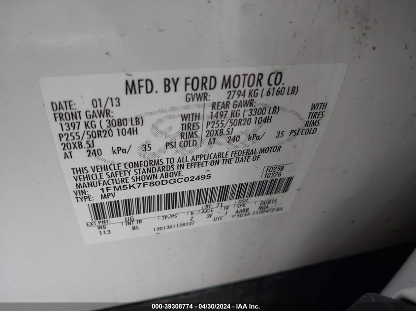 2013 FORD EXPLORER LIMITED - 1FM5K7F80DGC02495