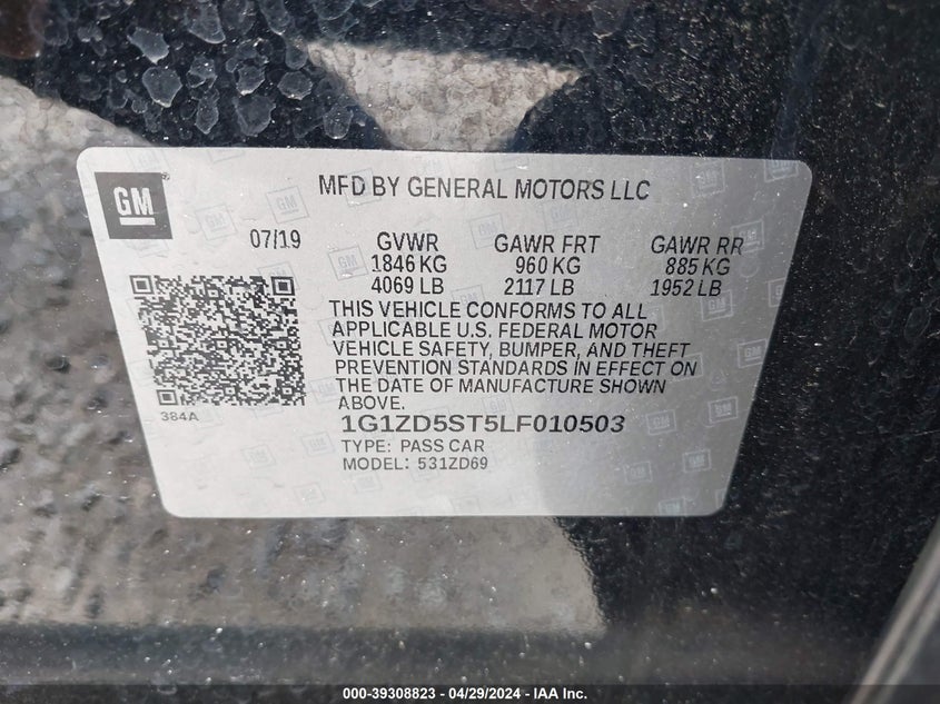 VIN 1G1ZD5ST5LF010503 2020 CHEVROLET MALIBU FWD LT