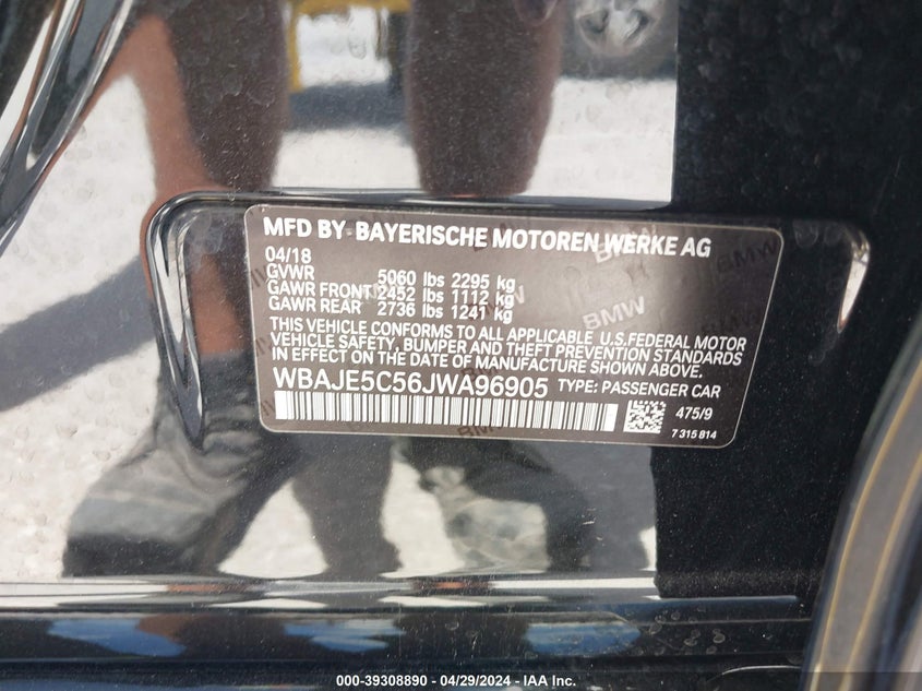 2018 BMW 540I VIN: WBAJE5C56JWA96905