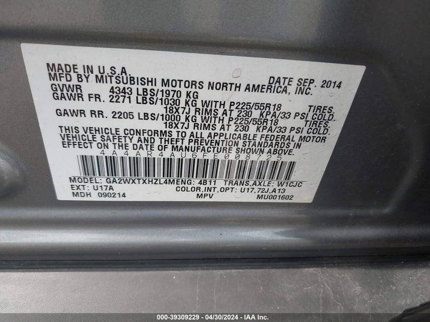 2015 MITSUBISHI OUTLANDER SPORT SE - 4A4AR4AU6FE008725