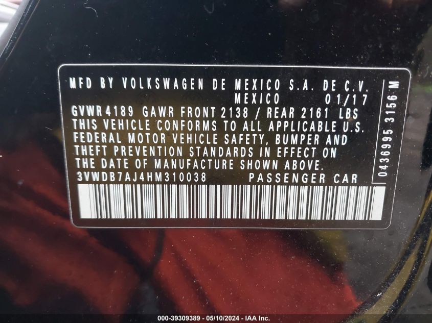 2017 Volkswagen Jetta 1.4T Se VIN: 3VWDB7AJ4HM310038 Lot: 39309389