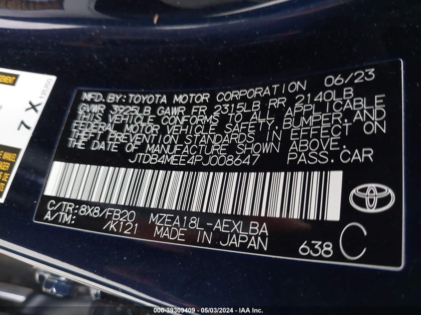 2023 TOYOTA COROLLA LE - JTDB4MEE4PJ008647